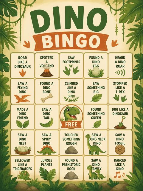 Bingo grid in the Dino Stomp Jungle Birthday Celebration design