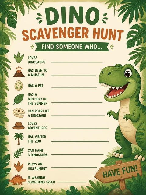 Scavenger hunt in the Dino Stomp Jungle Birthday Celebration design