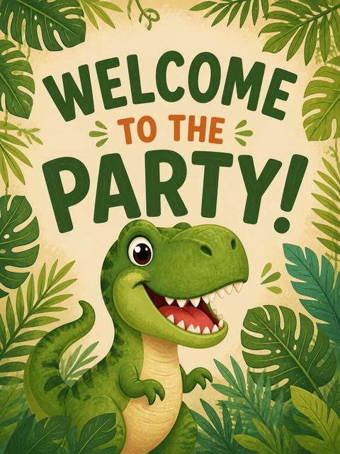 Welcome sign in the Dino Stomp Jungle Birthday Celebration design