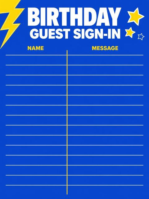 Guest sign-in sheet in the Blue Yellow Lightning 13th Birthday design