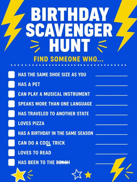 Scavenger hunt in the Blue Yellow Lightning 13th Birthday design