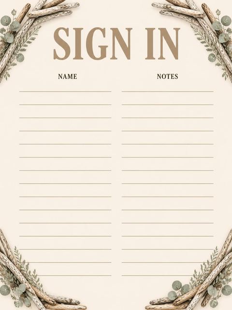 Guest sign-in sheet in the Driftwood Eucalyptus Wreath Beach Party design