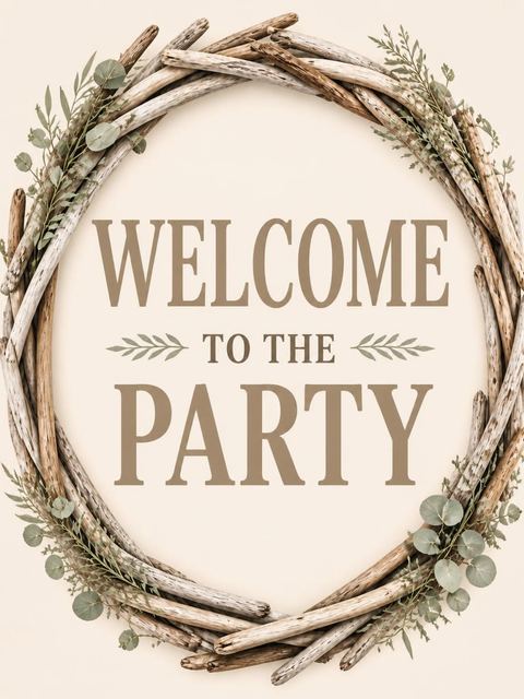 Welcome sign in the Driftwood Eucalyptus Wreath Beach Party design