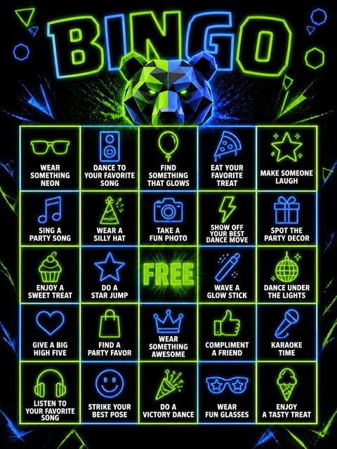 Bingo grid in the Neon Geometric Bear 10th Birthday Party design
