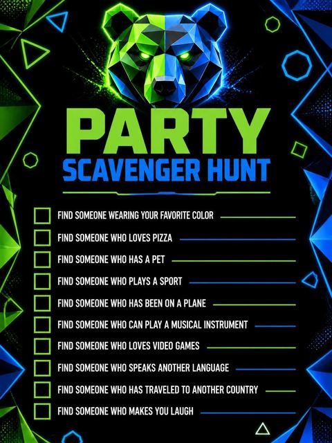 Scavenger hunt in the Neon Geometric Bear 10th Birthday Party design