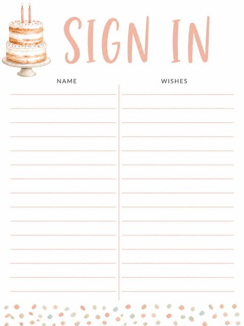 Guest sign-in sheet in the Watercolor Naked Cake 2nd Birthday Invitation design