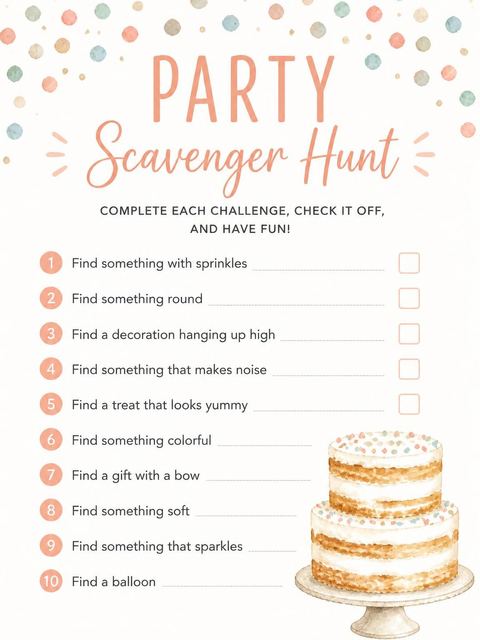Scavenger hunt in the Watercolor Naked Cake 2nd Birthday Invitation design