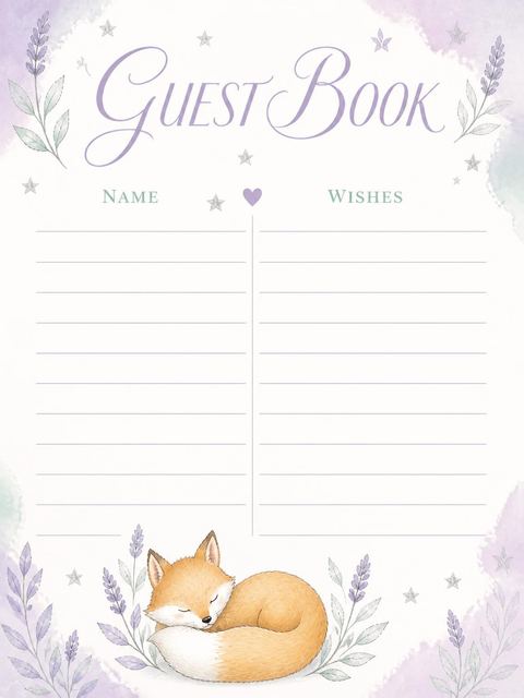Guest sign-in sheet in the Dreamy Woodland Fox 1st Birthday design
