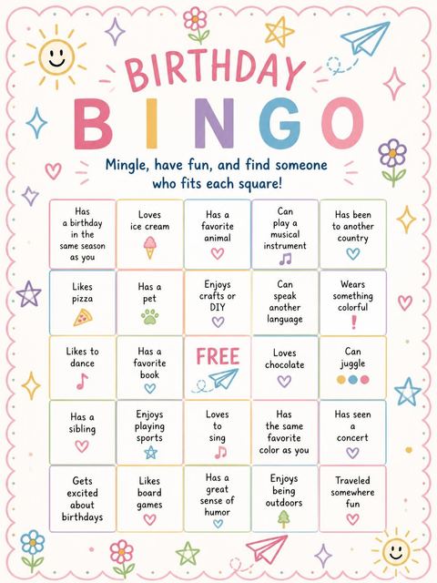 Bingo grid in the Colorful Doodle Scalloped 5th Birthday Invitation design