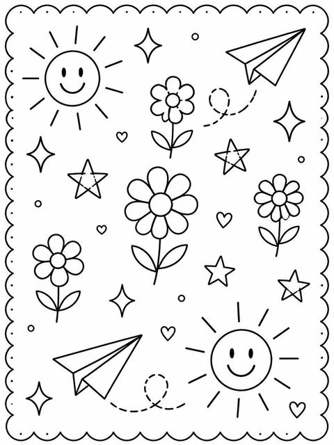 Coloring sheet in the Colorful Doodle Scalloped 5th Birthday Invitation design