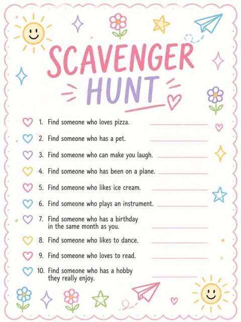 Scavenger hunt in the Colorful Doodle Scalloped 5th Birthday Invitation design