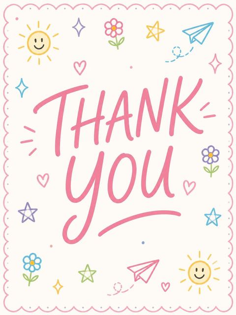 Thank-you flat in the Colorful Doodle Scalloped 5th Birthday Invitation design