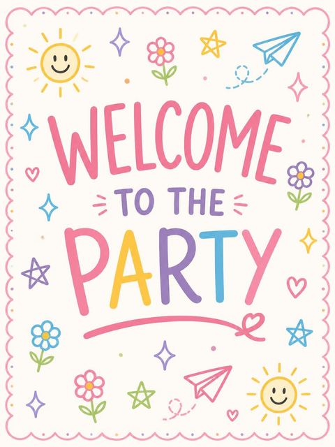 Welcome sign in the Colorful Doodle Scalloped 5th Birthday Invitation design