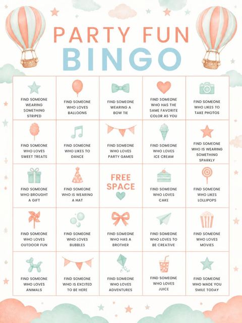 Bingo grid in the Peach and Mint Balloon 1st Birthday design