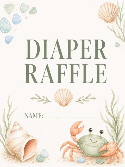 Diaper raffle ticket in the Coastal Watercolor Crab Baby Shower design
