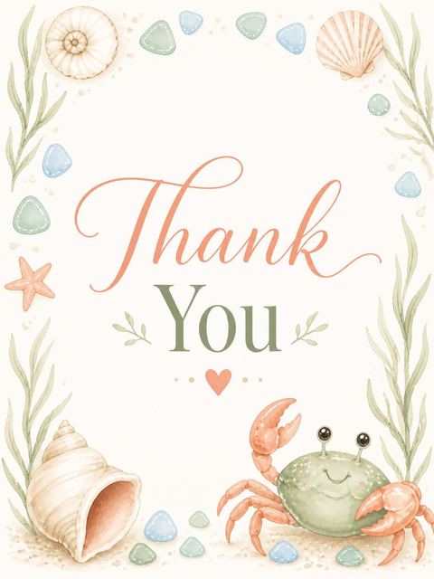 Thank-you flat in the Coastal Watercolor Crab Baby Shower design