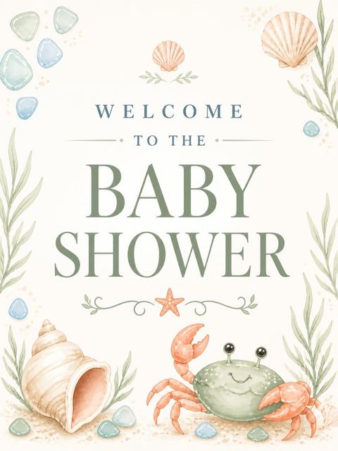 Welcome sign in the Coastal Watercolor Crab Baby Shower design