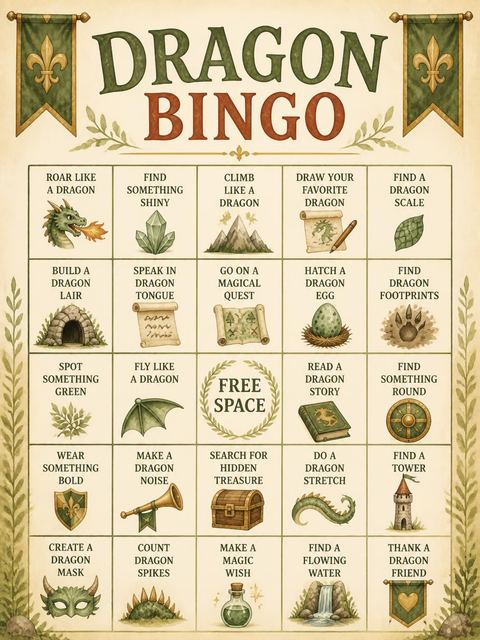 Bingo grid in the Watercolor Dragon Castle 6th Birthday design
