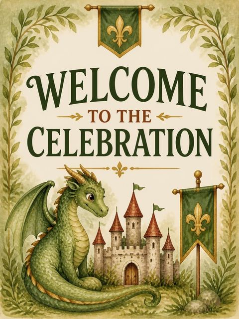 Welcome sign in the Watercolor Dragon Castle 6th Birthday design