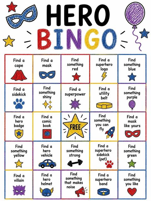 Bingo grid in the Crayon Superhero 2nd Birthday design