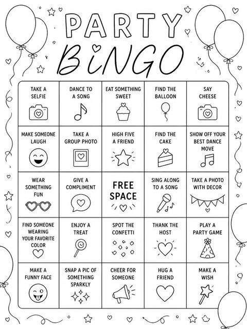 Bingo grid in the Minimalist Hand-Drawn Balloon 13th Birthday Invitation design