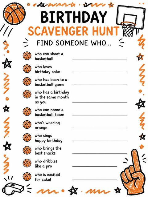 Scavenger hunt in the Basketball 4th Birthday Invitation design