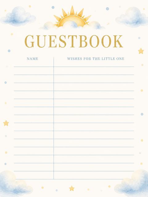 Guest sign-in sheet in the Watercolor Sun and Clouds 1st Birthday design
