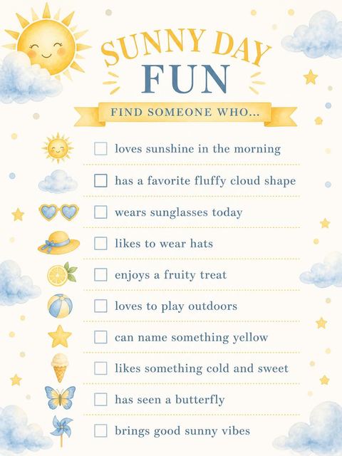 Scavenger hunt in the Watercolor Sun and Clouds 1st Birthday design