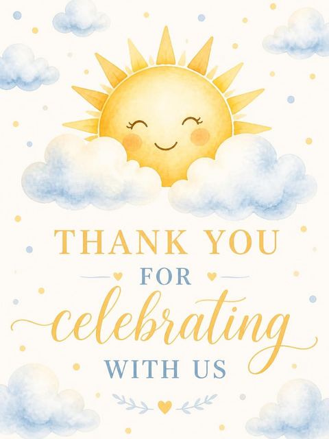Thank-you flat in the Watercolor Sun and Clouds 1st Birthday design