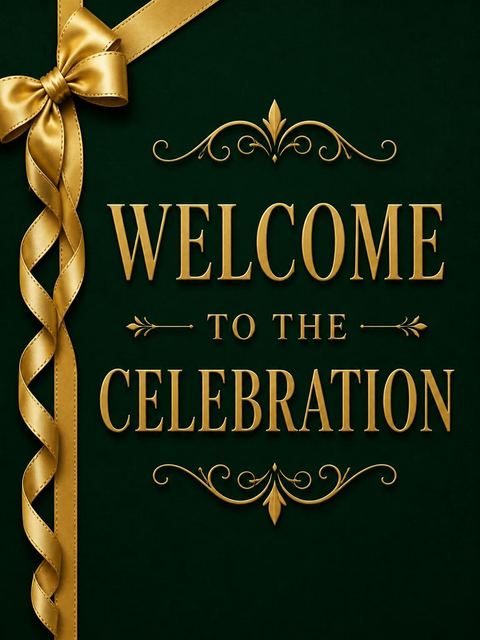 Welcome sign in the Emerald and Gold Ribbon 55th Birthday Invitation design