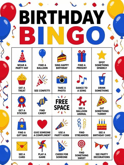 Bingo grid in the Primary Balloon Numerals 7th Birthday Invitation design