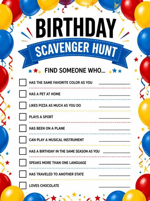 Scavenger hunt in the Primary Balloon Numerals 7th Birthday Invitation design