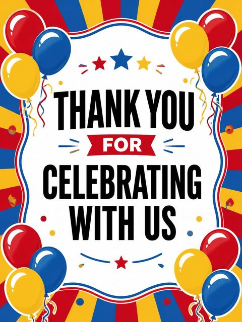 Thank-you flat in the Primary Balloon Numerals 7th Birthday Invitation design