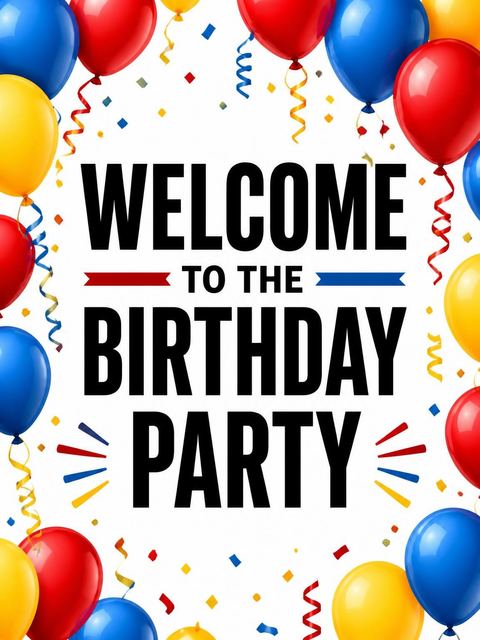 Welcome sign in the Primary Balloon Numerals 7th Birthday Invitation design