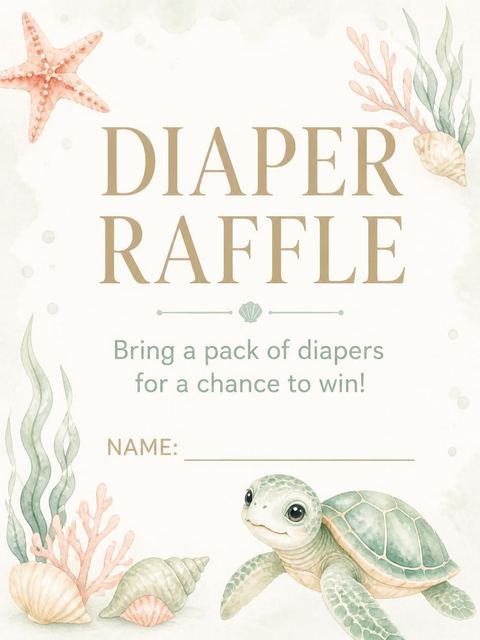 Diaper raffle ticket in the Green Watercolor Sea Turtle Baby Shower design