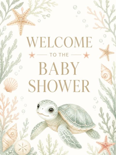 Welcome sign in the Green Watercolor Sea Turtle Baby Shower design