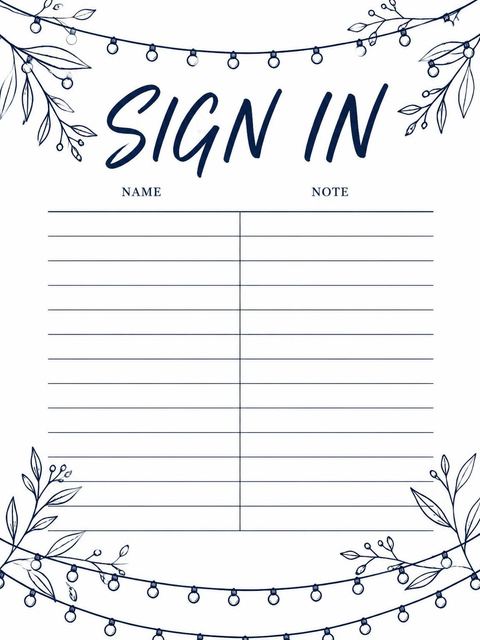 Guest sign-in sheet in the Navy Line Art String Light 25th Birthday design