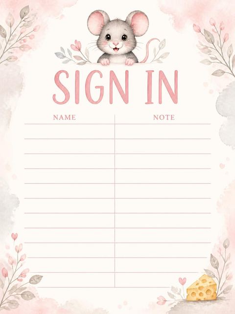 Guest sign-in sheet in the Pink Watercolor Mouse 1st Birthday design