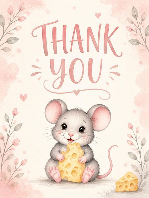 Thank-you flat in the Pink Watercolor Mouse 1st Birthday design