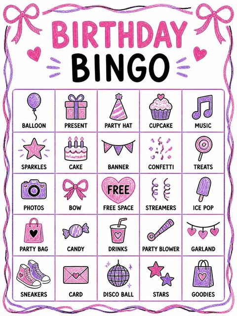 Bingo grid in the Pink Crayon Sneaker 7th Birthday Invitation design