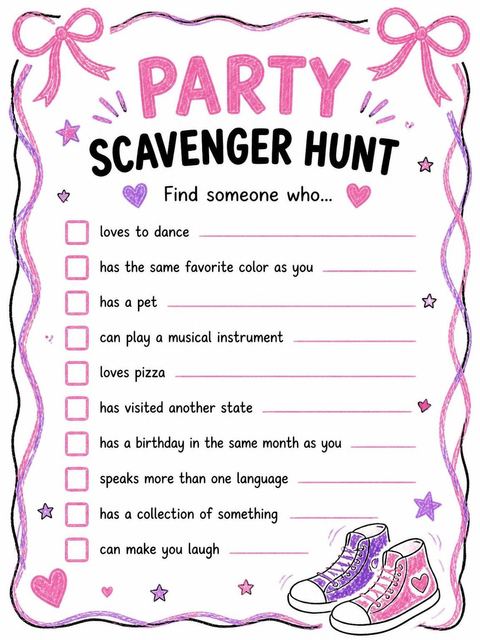 Scavenger hunt in the Pink Crayon Sneaker 7th Birthday Invitation design