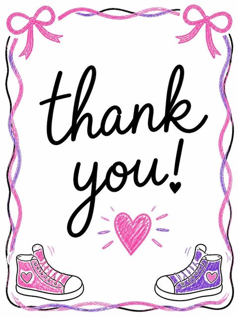 Thank-you flat in the Pink Crayon Sneaker 7th Birthday Invitation design