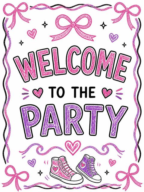 Welcome sign in the Pink Crayon Sneaker 7th Birthday Invitation design