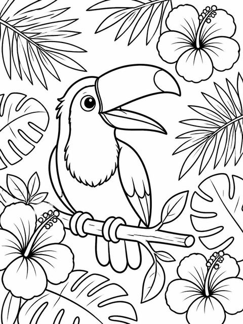 Coloring sheet in the Watercolor Toucan Tropical 4th Birthday Invitation design