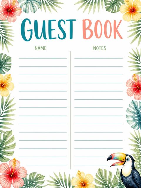 Guest sign-in sheet in the Watercolor Toucan Tropical 4th Birthday Invitation design