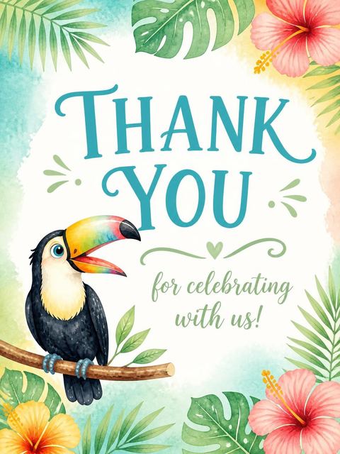 Thank-you flat in the Watercolor Toucan Tropical 4th Birthday Invitation design