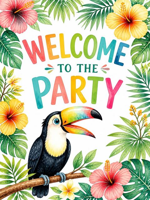 Welcome sign in the Watercolor Toucan Tropical 4th Birthday Invitation design