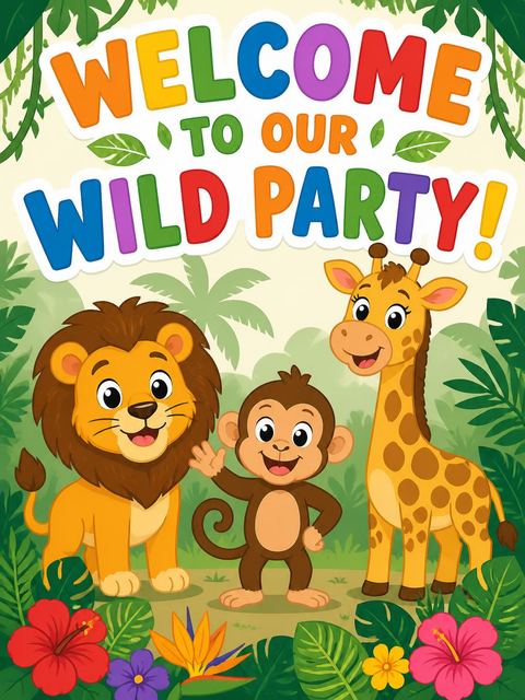 Welcome sign in the Wild Safari Adventure 4th Birthday Invitation design