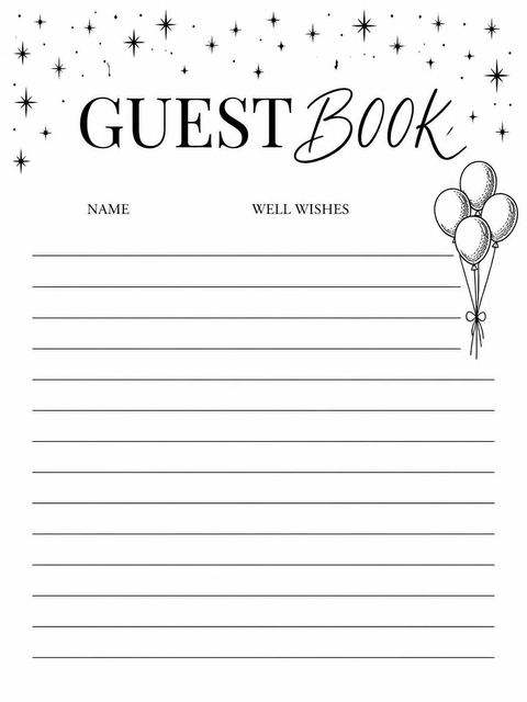 Guest sign-in sheet in the Black and White Stars 21st Birthday design