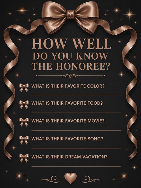 Couples trivia card in the Rose Gold Bow 45th Birthday Invitation design